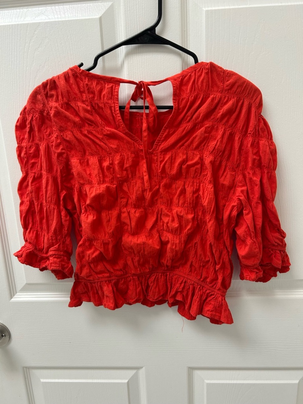 Future Collective Blutstein Smocked Red Crop Top Small Puff Sleeve Boho Peasant - Picture 7 of 8